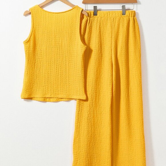Yellow Crinkled U Neck Tank Top and Wide Leg Pants Set - Picture 8 of 15